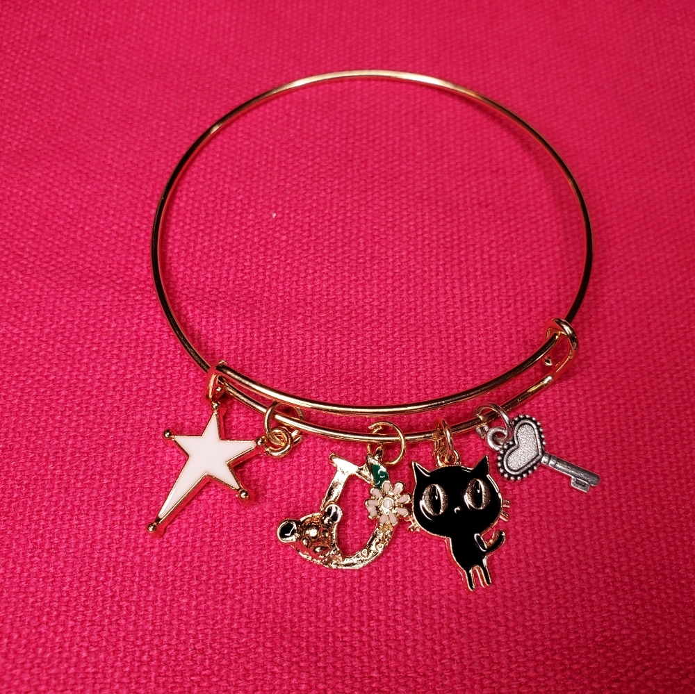 Handmade Expandable Gold Bangle with Letter D charm